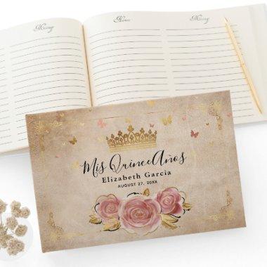 Blush Pink Rose and Gold Crown Elegant Quinceanera Guest Book