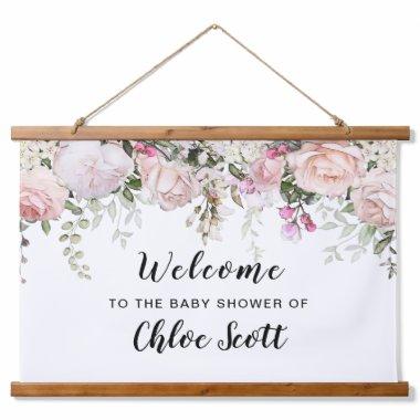 Blush Pink Rose Floral Baby Shower Welcome Hanging Tapestry