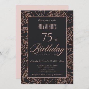 BLUSH PINK ROSE GOLD BLACK FLORAL ANY AGE BIRTHDAY Invitations