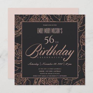 BLUSH PINK ROSE GOLD BLACK FLORAL ANY AGE BIRTHDAY Invitations