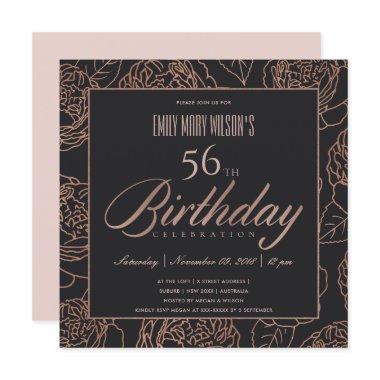 BLUSH PINK ROSE GOLD BLACK FLORAL ANY AGE BIRTHDAY