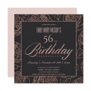 BLUSH PINK ROSE GOLD BLACK FLORAL ANY AGE BIRTHDAY Invitations