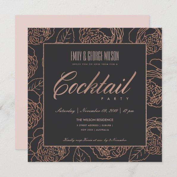 BLUSH PINK ROSE GOLD BLACK FLORAL COCKTAIL PARTY Invitations