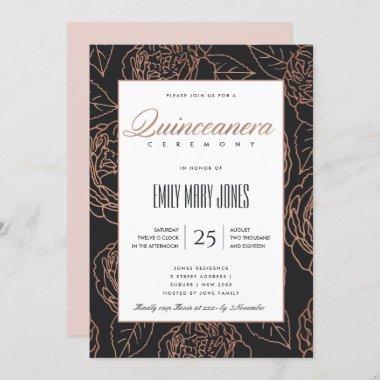 BLUSH PINK ROSE GOLD BLACK FLORAL QUINCEANERA Invitations