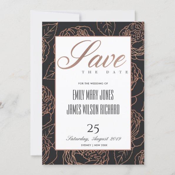 BLUSH PINK ROSE GOLD BLACK FLORAL SAVE THE DATE ANNOUNCEMENT