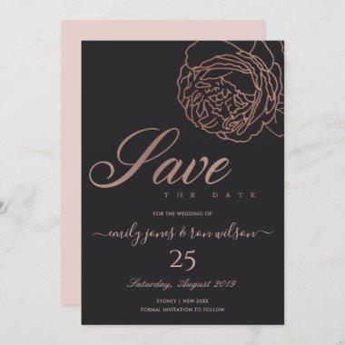 BLUSH PINK ROSE GOLD BLACK FLORAL SAVE THE DATE Invitations