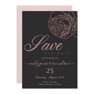 BLUSH PINK ROSE GOLD BLACK FLORAL SAVE THE DATE