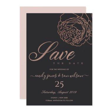 BLUSH PINK ROSE GOLD BLACK FLORAL SAVE THE DATE Invitations