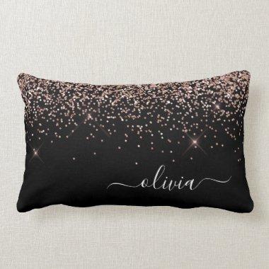 Blush Pink Rose Gold Black Glitter Monogram Lumbar Pillow