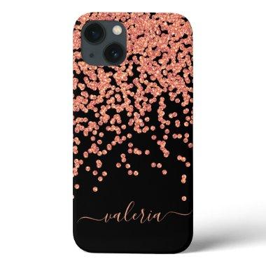 Blush Pink Rose Gold Black Glitter Monogram Name iPhone 13 Case