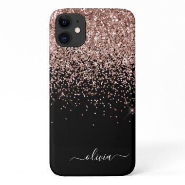Blush Pink Rose Gold Black Glitter Monogram Name iPhone 11 Case