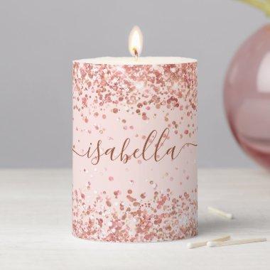 Blush pink rose gold confetti name script pillar candle