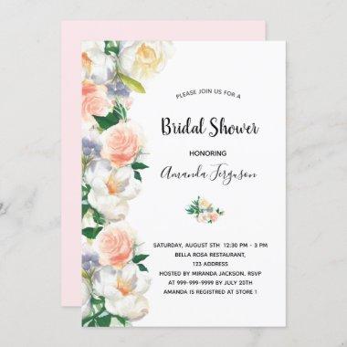 Blush pink rose gold florals white bridal shower Invitations