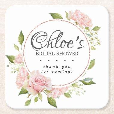 Blush Pink Rose Gold Frame  Square Paper Coaster