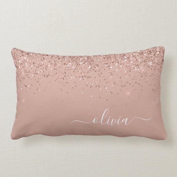 Blush Pink Rose Gold Glitter Monogram Name Lumbar Pillow