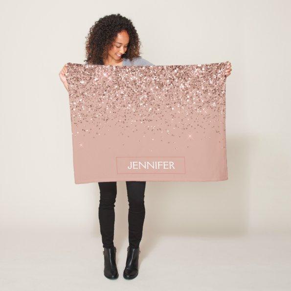 Blush Pink Rose Gold Glitter Monogram Name Luxury Fleece Blanket