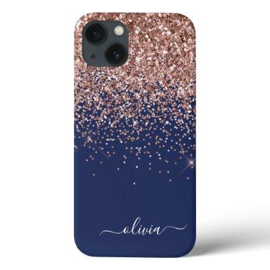 Blush Pink Rose Gold Navy Blue Glitter Monogram Ca iPhone 13 Case