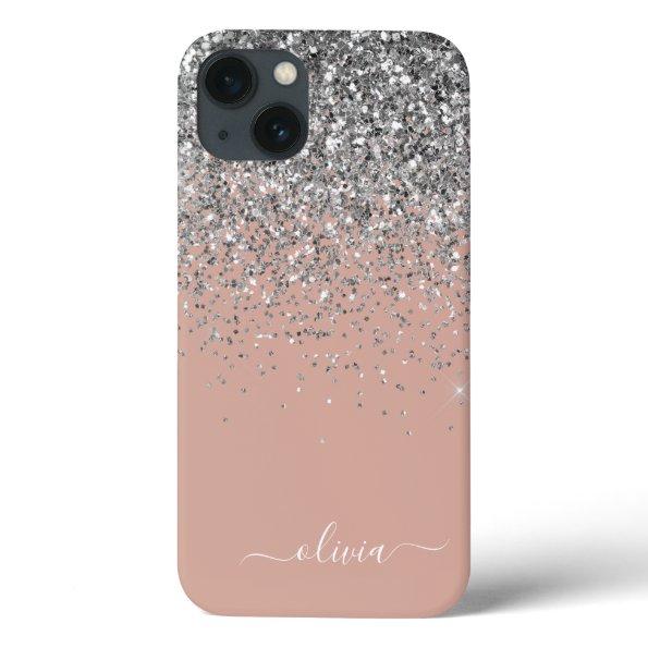 Blush Pink Rose Gold Silver Glitter Monogram iPhone 13 Case