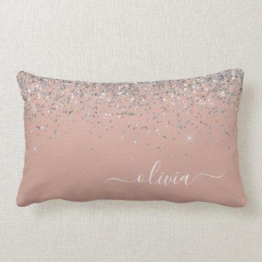 Blush Pink Rose Gold Silver Glitter Monogram Lumbar Pillow