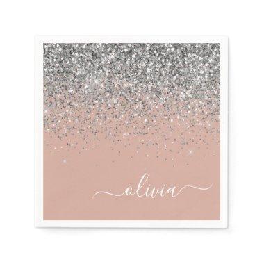 Blush Pink Rose Gold Silver Glitter Monogram Napkins