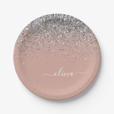 Blush Pink Rose Gold Silver Glitter Monogram Paper Plates