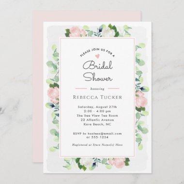 Blush Pink Roses Greenery Boho Bridal Shower Invitations