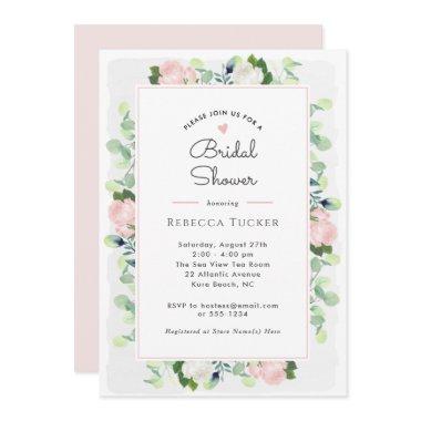 Blush Pink Roses Greenery Boho Bridal Shower Invitations