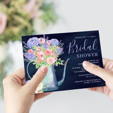 Blush Pink Roses Hydrangea Navy Blue Bridal Shower Invitations