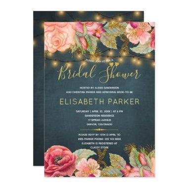 Blush pink roses lights navy gold bridal shower Invitations