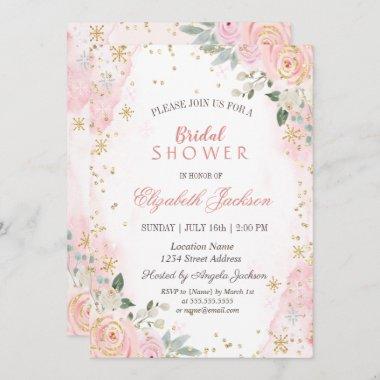Blush Pink Roses Snowflakes Bridal Shower Invitations