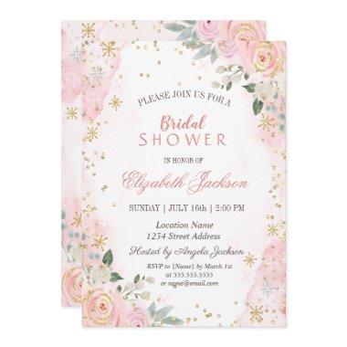 Blush Pink Roses Snowflakes Bridal Shower Invitations