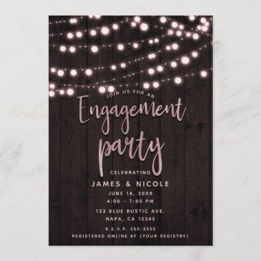 Blush Pink Rustic Wood & Lights Engagement Party Invitations