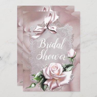 Blush Pink Satin Bow & Rose Romantic Bridal Shower Invitations