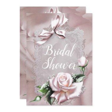 Blush Pink Satin Bow & Rose Romantic Bridal Shower Invitations