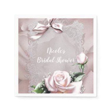 Blush Pink Satin Bow & Rose Romantic Floral Paper Napkins