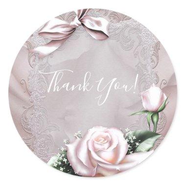 Blush Pink Satin Bow & Rose Romantic Wedding Favor Classic Round Sticker