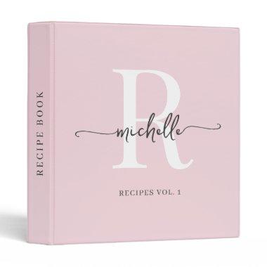 Blush Pink Stylish Script Monogram Cookbook Recipe 3 Ring Binder