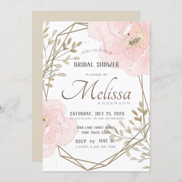 Blush Pink & Taupe Romantic Floral Bridal Shower Invitations