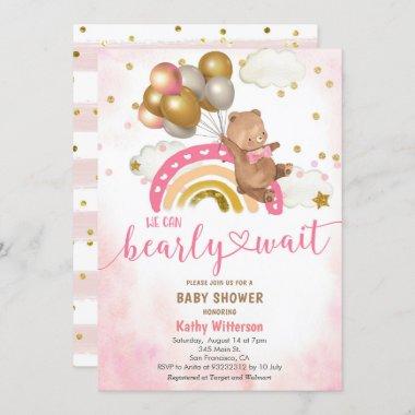 Blush Pink Teddy Bear We Can Bearly Wait Baby Show Invitations