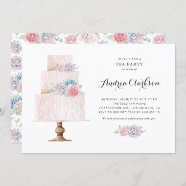 Blush Pink Tiered Cake Succulents Summer Tea Party Invitations