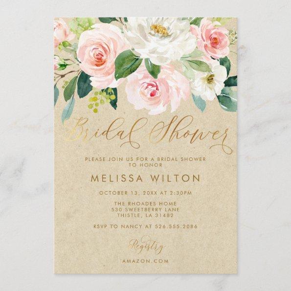 Blush Pink Watercolor Floral Kraft Bridal Shower Invitations