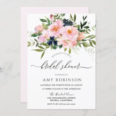 Blush Pink Watercolor Floral & Navy Bridal Shower Invitations