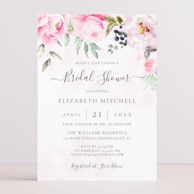 Blush Pink Watercolor Floral Peony Bridal Shower Invitations