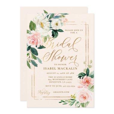 Blush Pink Watercolor Floral Rustic Bridal Shower Invitations