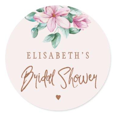 Blush pink watercolor floral script bridal shower classic round sticker