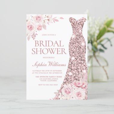 Blush Pink Watercolor Flowers Dress Bridal Shower Invitations