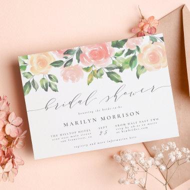 Blush Pink Watercolor Flowers Script Bridal Shower Invitations