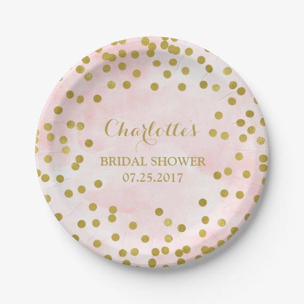 Blush Pink Watercolor Gold Confetti Bridal Shower Paper Plates