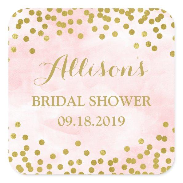 Blush Pink Watercolor Gold Confetti Bridal Shower Square Sticker