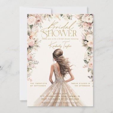 Blush Pink Wedding Gown Dress Floral Bridal Shower Invitations